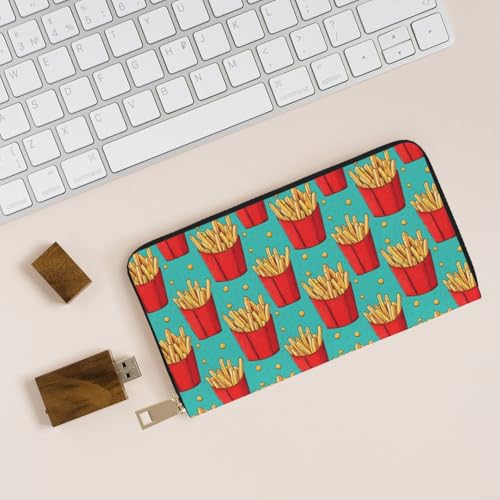 Leather Thin Slim Wallets for Women Men - Fashion Cartoon French Fries Print Card Wallet Holder with Zipper4