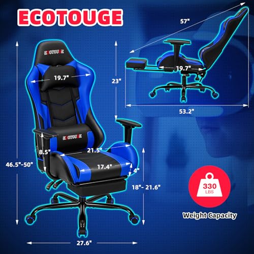 ECOTOUGE PC Massage Gaming Chair with Footrest Ergonomic Office Desk Chair Racing PU Leather Recliner Swivel Rocker with Headrest and Lumbar Pillow, Blue - Image 3