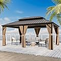 COOS BAY 12x18 Hardtop Gazebo with Aluminum Frame, Galvanized Steel Double Roof Outdoor Pavilion with Netting and Curtains, Dark Brown/Tan