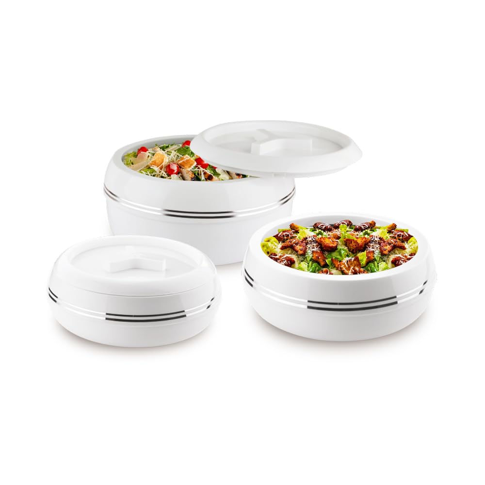 M1SS Set of 3 Double Wall Insulated Casserole Set (1500, 2500, 3200ML) for Hot Food Serving Dishes with Locking Lid, Hot Pot Stainless Steel Inner, BPA-Free Serving Box Gift Set for Christmas White