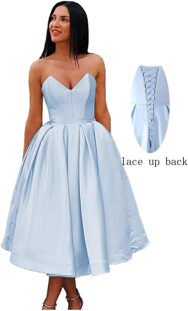 Women’s A Line Strapless Backless Prom Dress, Sleeveless Sweetheart Neck Satin Homecoming Dresses - Image 4