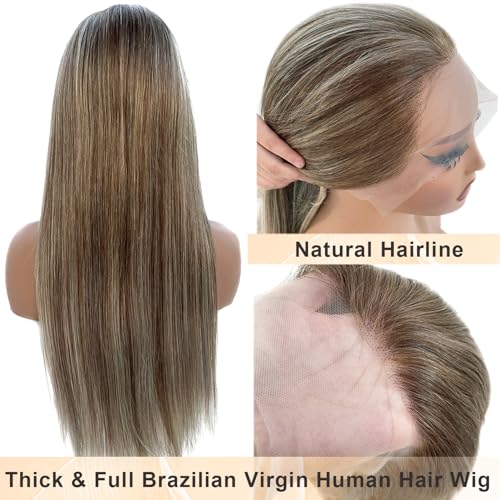 Image of Ombre Brown with Ash Blonde Highlight Lace Front Wig Human Hair for White Women 22 Inch Brazilian Real Remy Hair Ready to Go Glueless Wigs 13x4 Lace Frontal Pre Plucked Bleached Knots