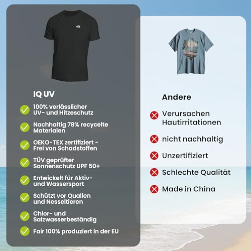 iQ-UV Shirt für Herren mit UPF 50+ Schutz Schwarz XL - Loose Fit Kurzarm Schwimmshirt für Herren mit UV-Schutz - Schnelltrocknendes Surf- & Badeshirt UV für Männer - TÜV & Oeko-TEX 100 geprüft