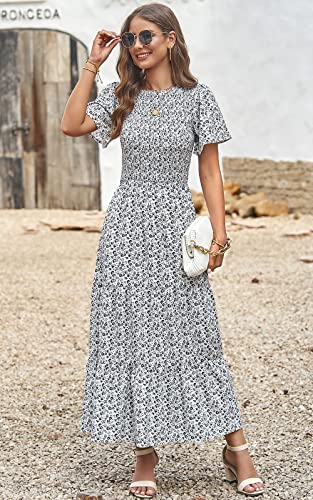 PRETTYGARDEN Women's Spring Casual Flutter Short Sleeve Boho Floral Maxi Dress Crew Neck Smocked Tiered Long Dresses (White,Medium)