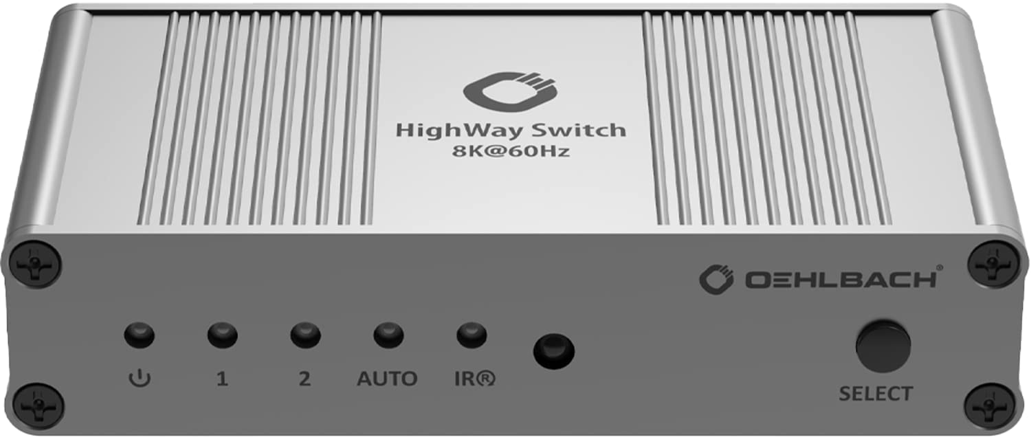 OEHLBACH Highway Switch 8K - HDMI 2.1 Umschalter - 2 In 1 Out HDMI-Adapter mit Fernbedienung (4K 120Hz, 8K 60Hz, 48Gbits, VRR, Dolby Vision, Atmos, HDR10, HDCP 2.3) - Silber matt