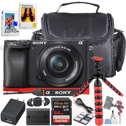 Sony a6400 Mirrorless Camera with 16-50mm f/3.5-5.6 Lens Bundle with 64GB Memory Card + Camera Case + Card Reader + Spider Tripod + More (17pc Bundle) (Renewed)