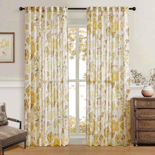Image of Mustard Yellow Vintage Floral Linen Curtains 90 Inches Long Farmhouse Boho Patterned Curtains Autumn Fall Light Filtering Window Drapes Country Rustic for Bedroom Living Dining Room 2 Panels 52x90