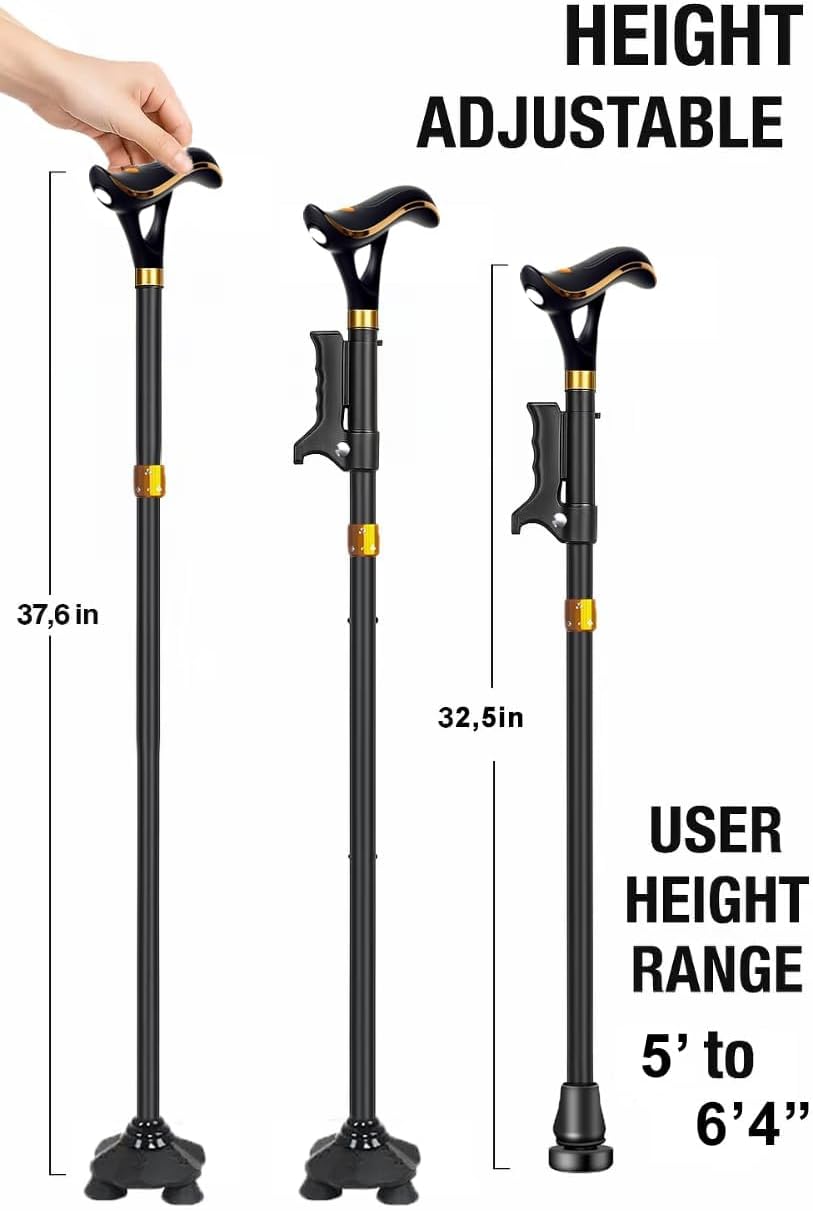 Smart Walking Cane for Men & Women with LED Light & Emergency Alarm, Foldable Adjustable Walking Stick, USB-C Rechargeable, Dual Handle Heavy Duty Mobility Aid for Seniors