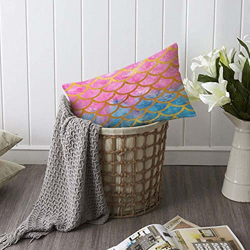 Tks Mitlan Mermaid Scales Decorative Pillow Covers Watercolor Fish Scales Bright Summer Pattern Rustic Linen Throw Pillow Covers 12X20 Inch For Sofa Couch Decoration #TOP5