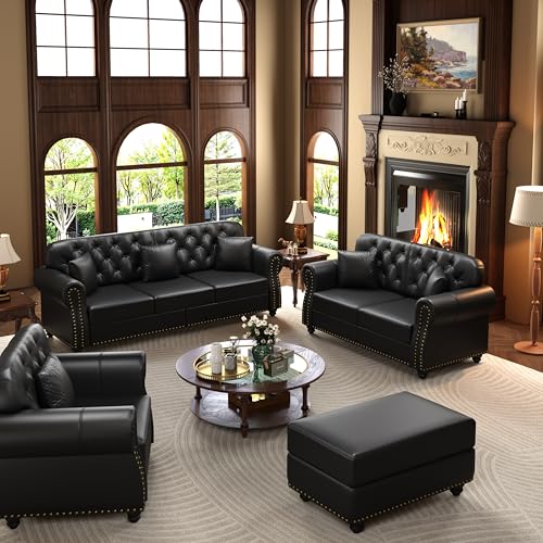 Image of KEIKI 3-Piece Chesterfield Sofa Set with 1 Faux Leather 3-Seater Sofa & 1 Loveseat & 1 Single Sofa, 6-Seater Couch Set with Nailhead Trim & Rolled Arms & 1 Ottoman & 6 Pillow, for Living Room, Black