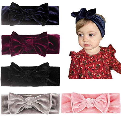 SuperiMan 5PCS Velvet Bow Headbands for Baby Girls,Toddler Girls Bows Turban Head Wrap Hair Bands Photography Props Hairband (Black+Wine Red+Navy+Gray+Pink), Medium