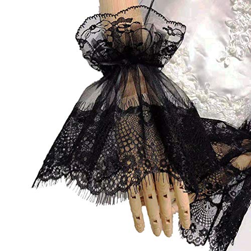 1 Pair Women Wrist Lace Cuffs Floral Embroidery Horn Shaped False Bracelet Sleeves, Black3