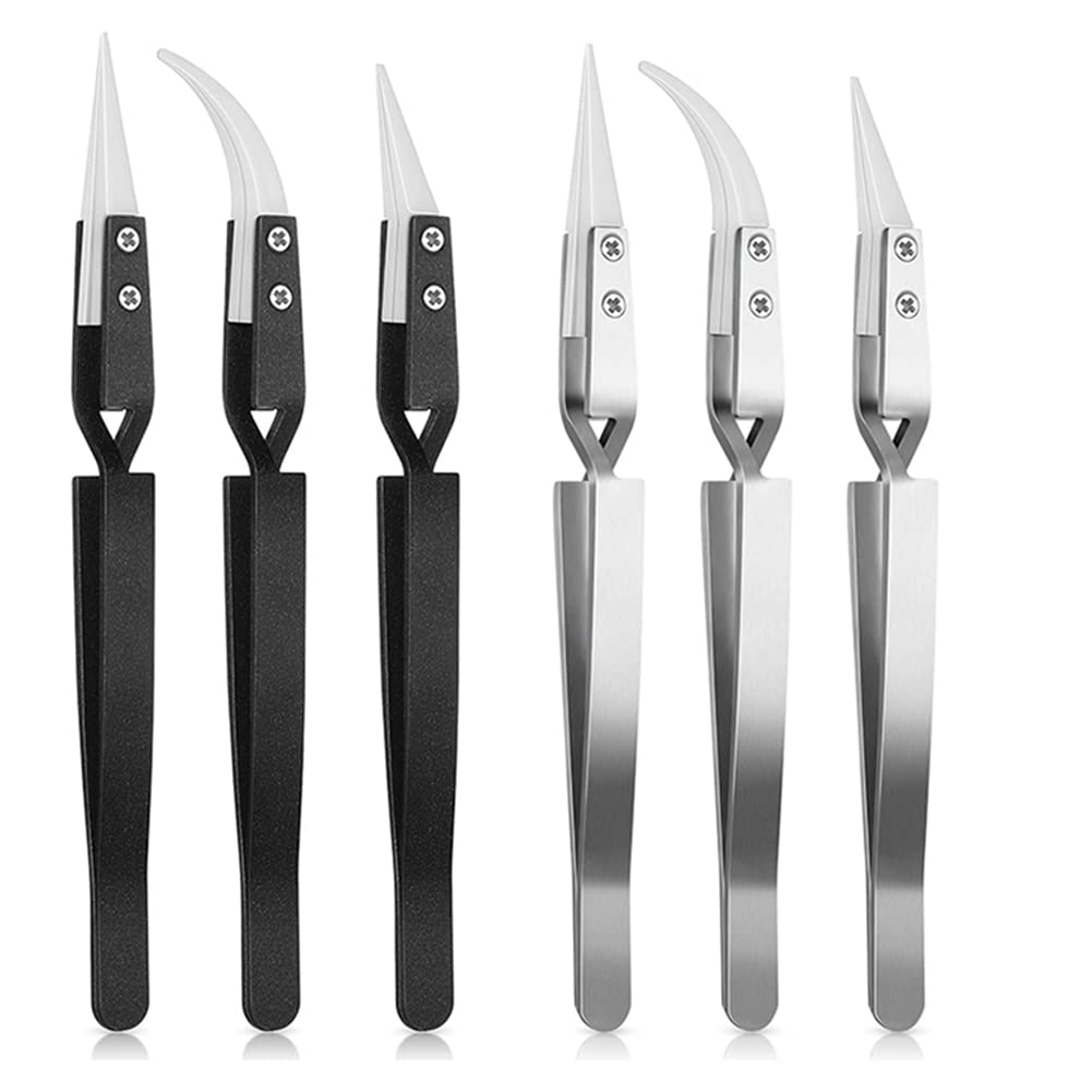 Qezodsx Black+Silver 6Pcs Reverse Ceramic Tweezers Pointed Curved Tips Tweezer Set Non Conductive, Anti Magnetic Soldering Tweezers