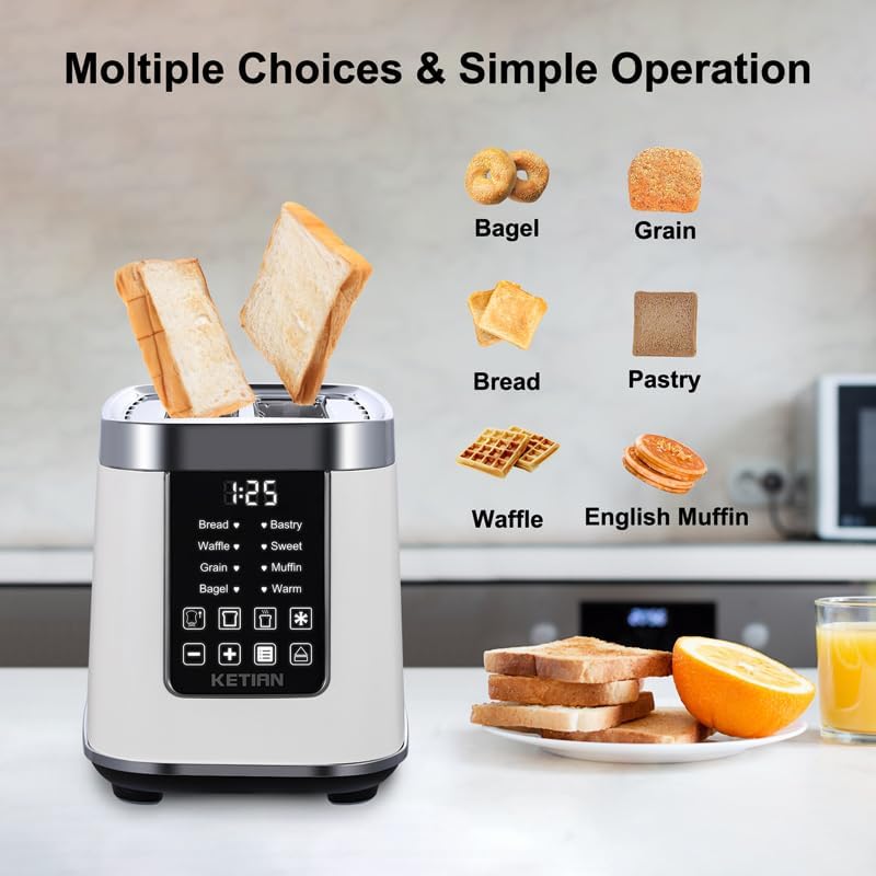 Smart Touch Screen Toaster 2 Slice, KETIAN Automatic Digital Stainless Steel Toaster,7 Bread Types,Single Slot Tech,7 Browning Settings,Removable Crumb Tray,1400W (White)