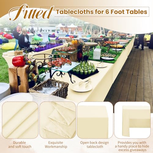 Confezione da 2 tovaglie beige aperte sul retro per tavolo pieghevole da 1,8 m, lavabile, tessuto di poliestere beige, tovaglia per fiere, feste, matrimoni, eventi - immagine 5