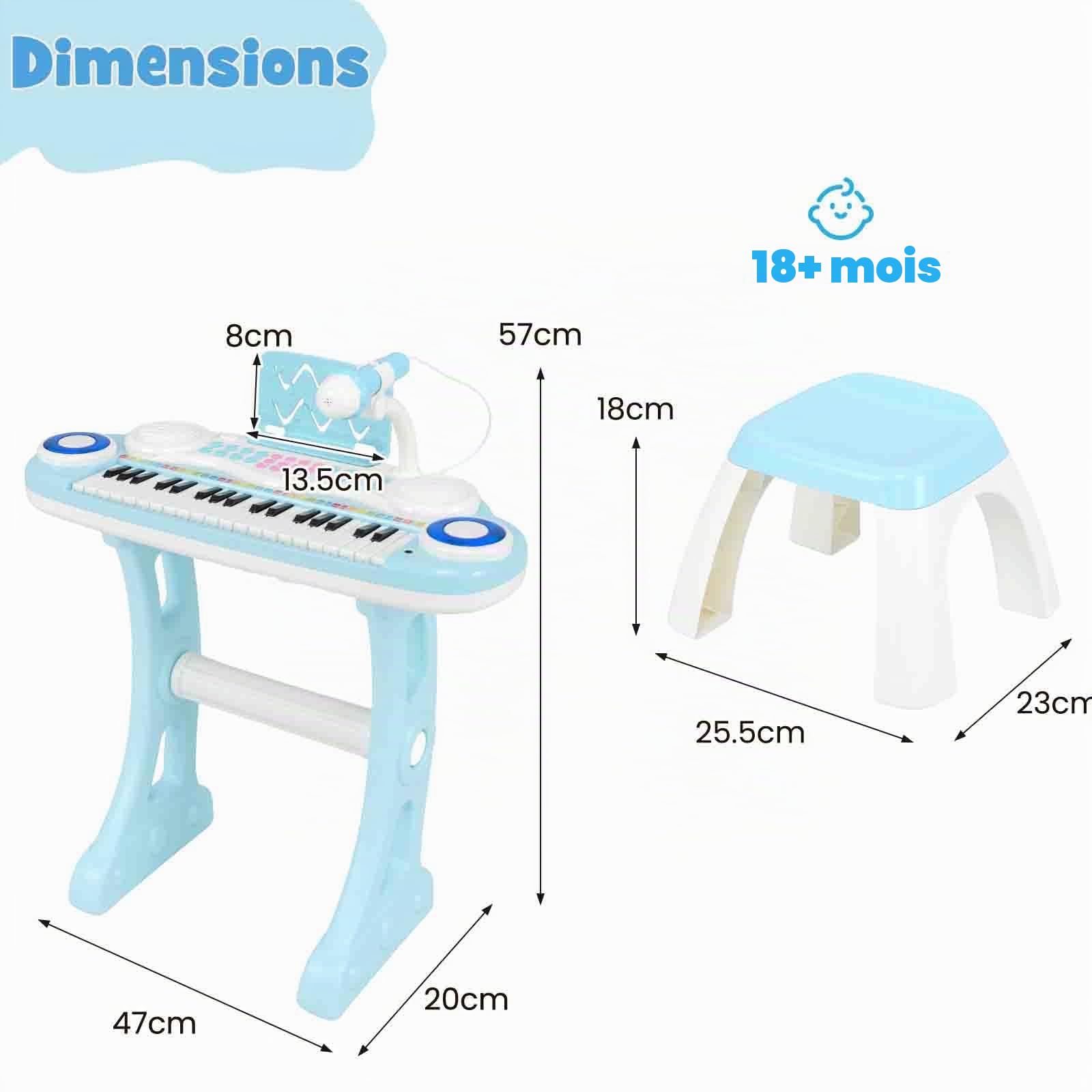 KOMFOTTEU Clavier 37 Touches Enfants 18 Mois+, Lumière et Microphone, Bleu