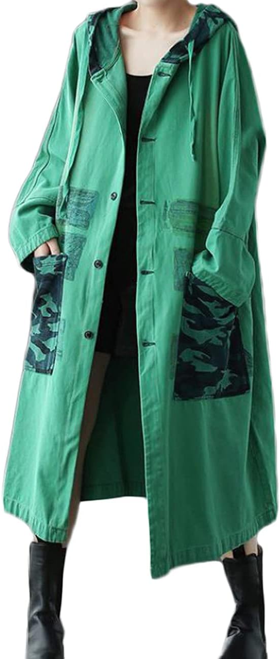 Women Fashion Oversized Distressed Denim Trench Jacket Coat Casual Ethnic Printed Fall Winter Hooded Outerwear