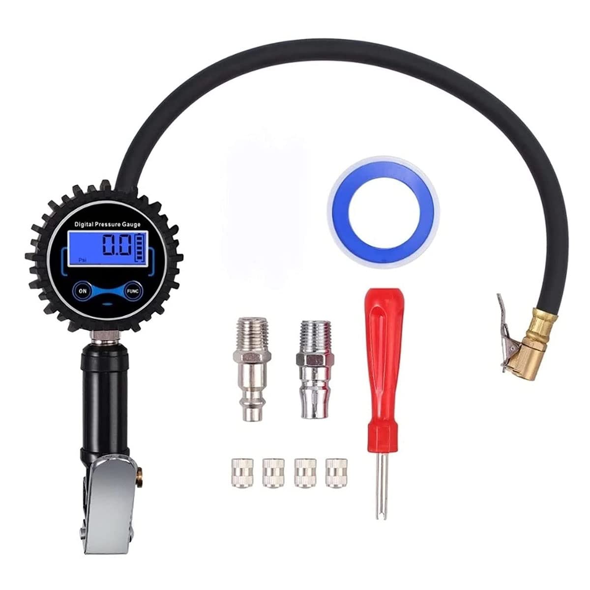Inflador de neumáticos Digital 0-200PSI con manómetro con 4 Tapas de válvula Indicador de inflado de neumáticos de Acero con Manguera de Goma