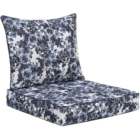 Favoyard Outdoor Deep Seat Patio Cushions Set, 22 x 22 Inch Rainproof & 3-Year Fade Resistant Patio Furniture Cushion, Removable Bottom & Back Cushion with Ties for Yard, Garden, Blue Floral Cover