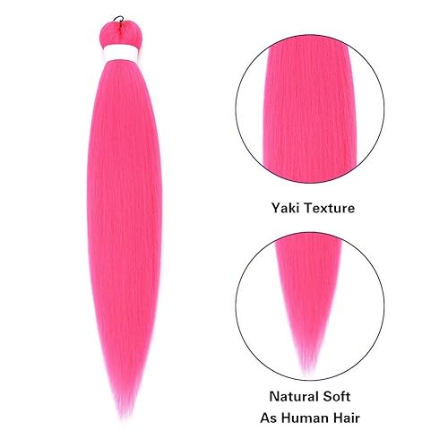 Miniatura 4 de Cabello trenzado ignífugo preestirado de color rosa intenso, 3 paqueteslote, trenzas sin picazón, ajuste de agua caliente, fibra sintética, textura