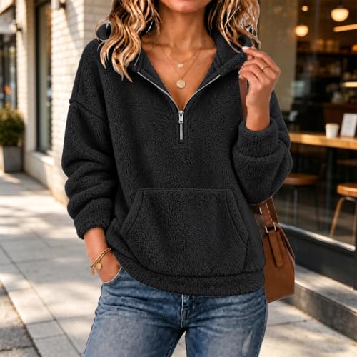 Fleece Quarter Zip Pullover for Women Oversized Fuzzy Sweatshirt Hoodie - image 2