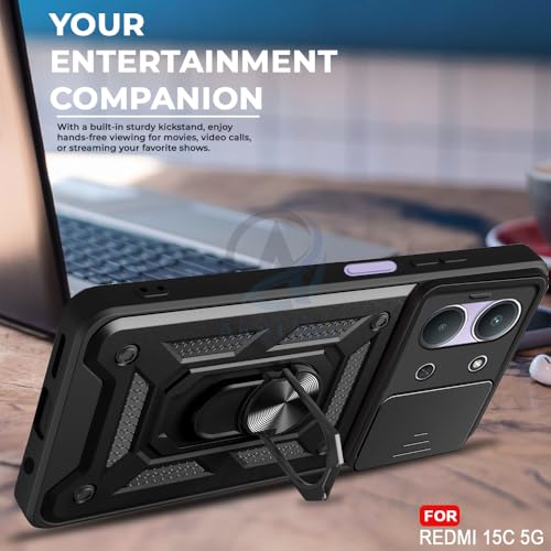 Image of AESTMO Tough Armor Redmi 15C 5G / Poco C85 5G Bumper Back Case Cover | Ring Holder & Sliding Camera Shield Cover | 360 Degree Protection Back Case Cover for Redmi 15C 5G / Poco C85 5G (Black)