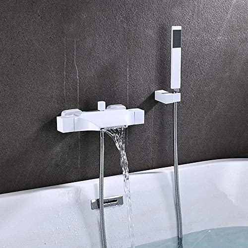 Mitigeur de baignoire cascade chrome et blanc avec douchette à main double commande