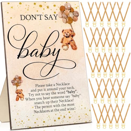 Image of Wesiti 51 Pcs Cool Baby Shower Game Wooden Sign Gift Sets 50 Baby Shower Pacifiers Necklace Acrylic Pacifier for Gender Reveal Party Favor(Bear,Brown)