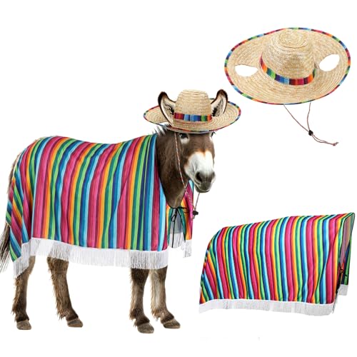 Lyrow 2 Pcs Mexican Donkey Costume Accessories Sombrero and Poncho Blankets for Real Donkeys Funny Parade Outfit for Horse Large Animal Feria Del Burro Cinco De Mayo Fiesta Party Donkey Owner Gift