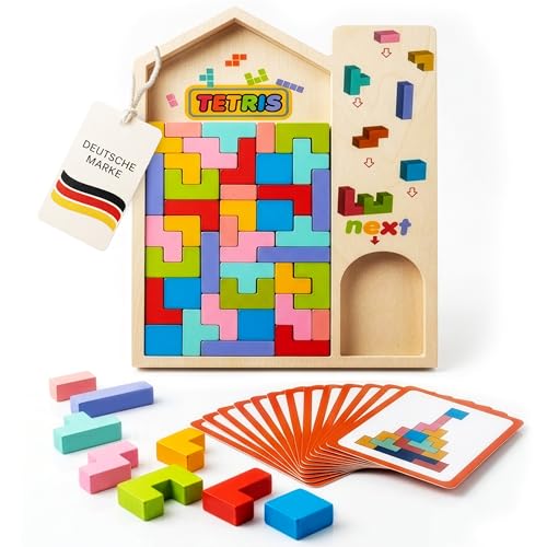 FeinMoment Tetris Holzpuzzle inklusive 10 doppelseitig gedrückte Karten zum Nachmachen Stapelsteine - Montessori Spielzeug für Kinder ab 3 Jahre - Tüftel Tetris Montessori - Kinderspielzeug