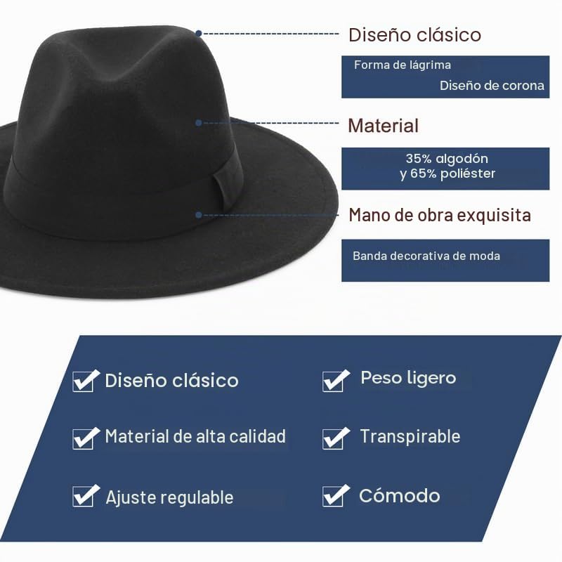 GEMVIE Sombrero Fedora de Fieltro de ala Ancha Hombre Mujer Sombrero Panamá Sombrero de Jazz Copa,Talla única