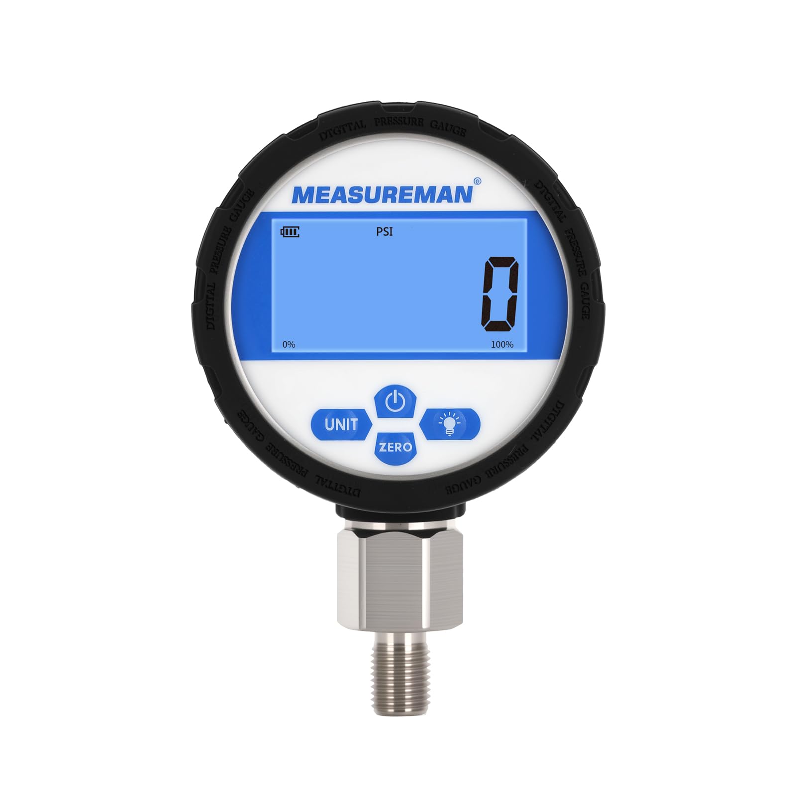 Manomètre hydraulique industriel numérique, cadran 80 mm, raccord inférieur G1/4", boîtier et raccord en acier inoxydable, 0-700 bar, précision 0,4%, alimenté par batterie, avec éclairage LED