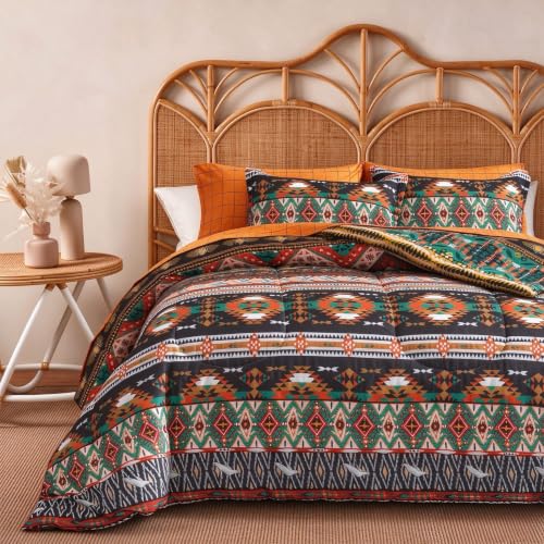 Flysheep Boho Bed in a Bag 7 Pieces King Size, Southwestern Bohemian Tribal Striped Printed, Reversible Bed Comforter Set (1 Comforter, 1 Flat Sheet, 1 Fitted Sheet, 2 Pillow Shams, 2 Pillowcases)