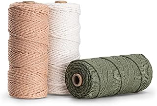 Navaris Macrame Cord 3mm x 100m (Set of 3 Reels) - Rope Made of 100% Natural Cotton for Wall Hangings and Plant Hangers - Pink, Olive, Off-White