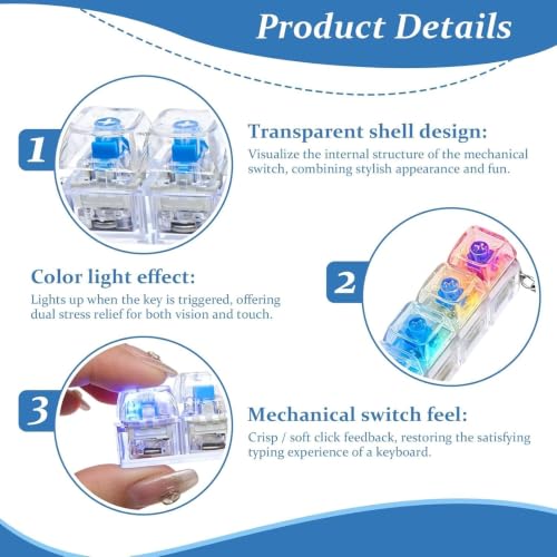 Image of 2 Pcs Keyboard Keychains with LED Light - Clickable Fidget Clicker for Adults Stress Relief, Mini Keyboard as Sensory Toy, Office and Travel Companion