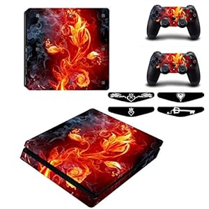 Elton Flower Fire Theme 3M Skin Sticker Cover for PS4 Slim Console and Controllers Full Set Console Decal Stickers for Front & Back 4 Led bar Decal +2 Controller Decal Cover