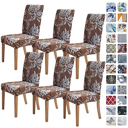 Image of SPRINGRICO Chair Covers for Dining Room 6 Pack, Universal Stretch Fit Dining Chair Cover, Spandex Kitchen Chair Slipcover, Seat Protector for Party, Wedding Ceremony ( Set of 6, Floral BROWN1)