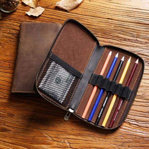 Image of Genuine Leather 5-Slot Pencil Case, Portable Travel Pen Organizer | Versatile organizer for art supplies, office essentials, makeup brushes, suitable for men, women, students, artists.