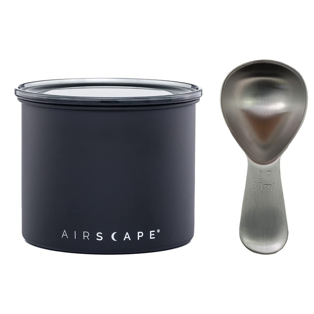 Airscape Stainless Steel Coffee Canister & Scoop Bundle - Food Storage by Planetary Design – 8.5 Ounces, 250 milliliters, Stainless Steel, Matte Black, Brushed Steel