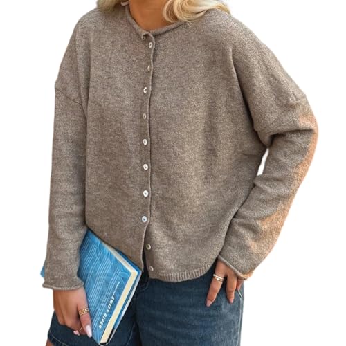 Seyurigaoka Women’s Long Sleeve Crew Neck Button Down Cardigan Sweater Open Front Loose Soft Knit Sweater Coats