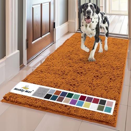 Image of Muddy Mat | Super Absorbent Door Mat Indoor, Microfiber Quick Dry Chenille Entryway Rug, Non-Slip Front Door Mat, Indoor Mats for Entryway, Machine Washable Pet Rug, Orange XL 35 inch x 60 inch