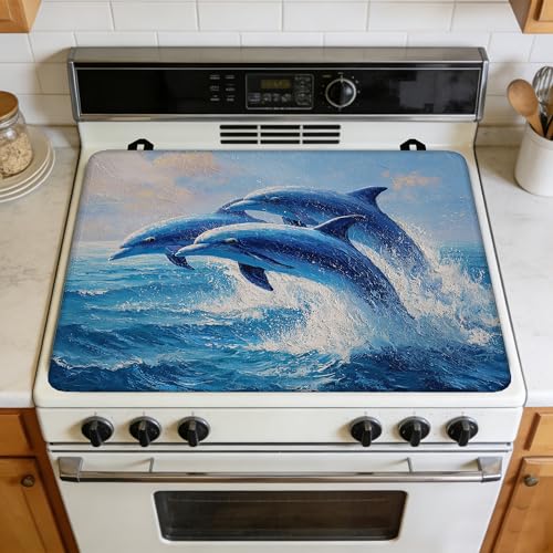 Image of Blue Jumping Dolphins Stove Top Cover for Electric Stove, Heat Resistant Glass Cooktop Cover, Stovetop Protector, Dish Drying Mats Cover for Ceramic Washer Top 28x20 inch