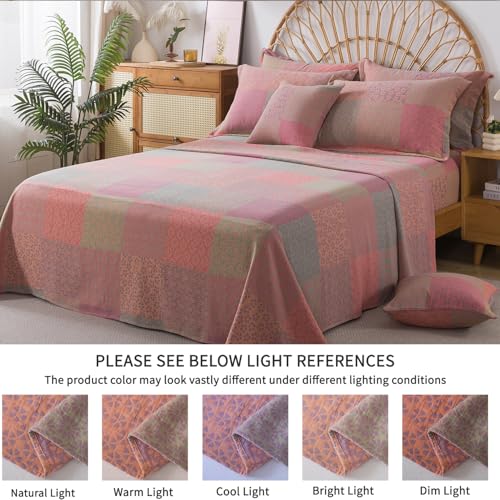 Image of FADFAY Queen Sheets Set 100% Cotton Washed Double Gauze Muslin Bedding 4Pcs Boho Patchwork Checkered Floral Sheets Shabby Geometry Farmhouse Bedding Super Soft Deep Pocket Fitted Sheet, Queen Size