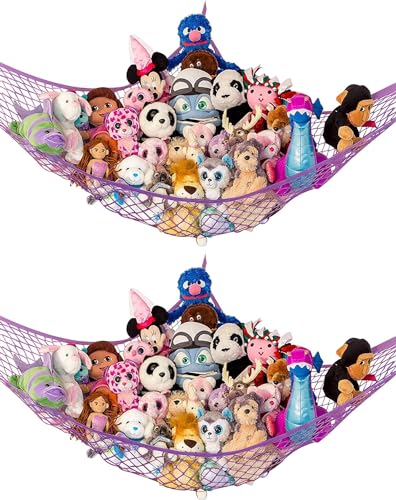 Image of Stuffed Animal Hammock XL 2 Pack | Corner Stuffed Animal Storage & Plushie Net | Extra Large Toy Hammock for Stuffed Animals | Easy Hang, Hardware Included | Purple Bedroom Decor | by Lilly's Love