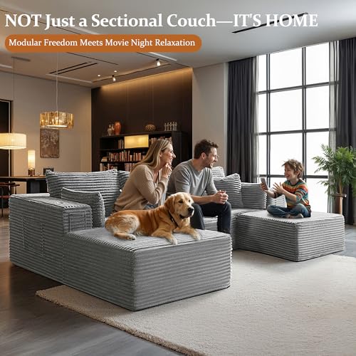 Image of Cloud Modular Sectional Sofa Couch, Boneless Couch, Deep Seat for Living Room, No Assembly, Minimalist Modular Sofa, Corduroy (Light Grey, 2 Seater + Left Facing Chaise + Ottoman)