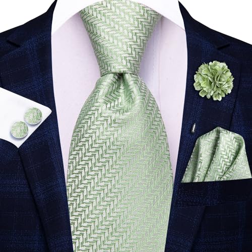 Image of Hi-Tie Men Ties Set Woven Necktie and Lapel Pin Pocket Square Cufflinks Sets Formal Business Wedding,Sage Green