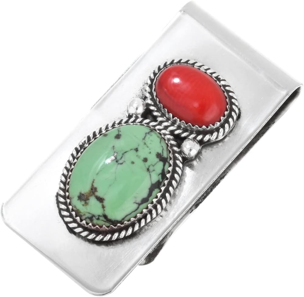 Alltribes Navajo Turquoise Coral Silver Money Clip Twist Wire Wrap on Silver Clamp 0502