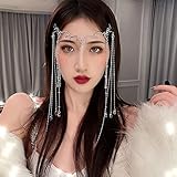 Chinese Retro Long Tassel Headpiece,Forehead Headbands Rhinestone Festival Headpiece,Crystal Hair Pins,Water Drop Tassel Hairpin Face Curtain Forehead Eyebrow Pendant for Women (B)
