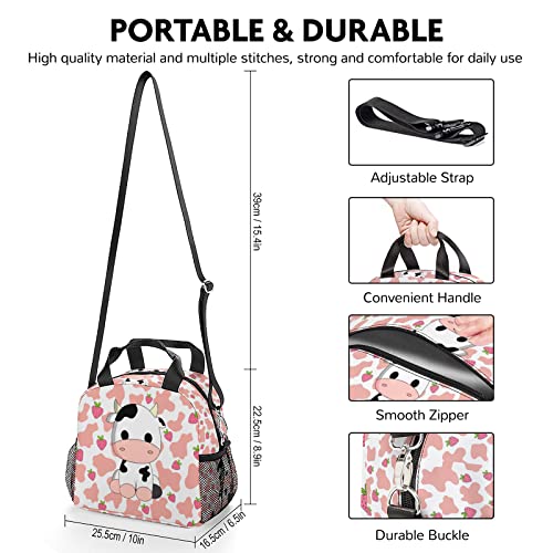 Wuetduz Strawberry Cow Print Lunch Box, Pink Cow Insulated Lunch Bag For Women Girl, Large Capacity Cooler Lunch Bag With Adjustable Shoulder Strap, Reusable Meal Bag For Work School Picnic #TOP2