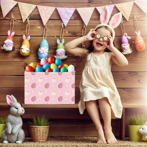 Image of Large Cute Easter Basket for Kid Empty Gift Baby Rectangle Storage Bin Bunny Eggs Boy＆Girl Room Decor (Rabbit Pink Flower Egg)